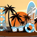 Summer Photo Check In Spot With Surfboards Palm Trees Life Rings And Beach Chair