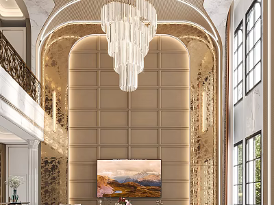 Luxurious Duplex Living Room Interior With Crystal Chandelier And Decorative Wall Panels 3d model