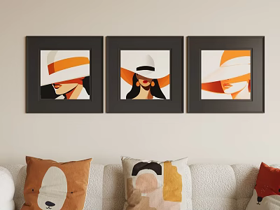 Abstract Paintings Female Figure In Orange White Hat Black Framed Wall Art Living Room 3d model