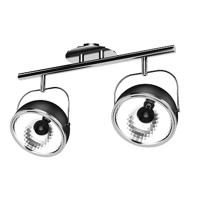 Modern Ceiling Light With Two Circular Lamp Heads Black Silver Metal Bar Grid Design 3d model