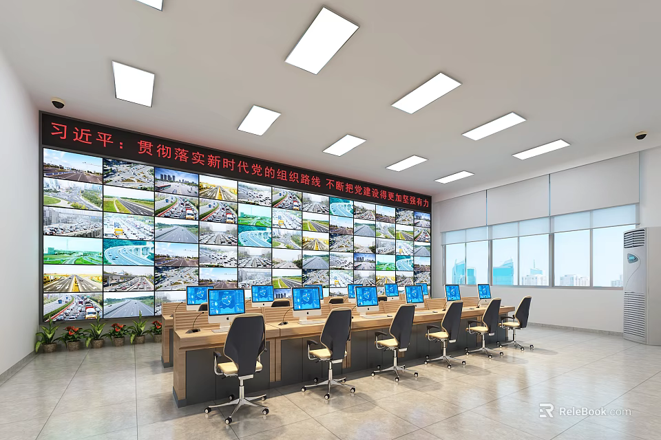 Modern Security Monitoring Room with Monitor Screens on Large Wall and Computers at Desks 3d model 