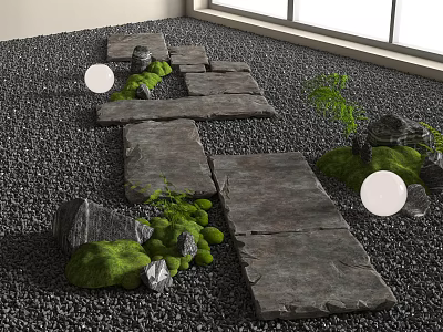 Rustic Stone Wood Pathway Featuring Slabs Gravel Moss And Small Plants 3d model