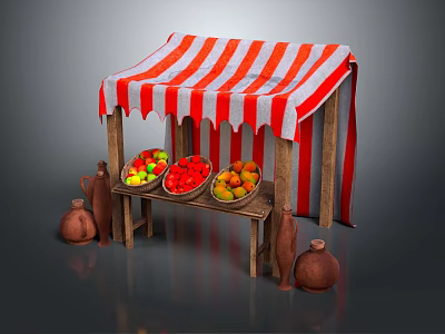 Fruit Stand With Red White Striped Canopy Wooden Frame Fruit Baskets And Clay Pots 3d model