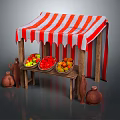 Fruit Stand With Red White Striped Canopy Wooden Frame Fruit Baskets And Clay Pots