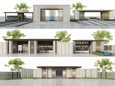 Modern Minimalist Entrance Gate Design With Stone Walls Glass Panels And Landscaped Garden Surroundings 3d model