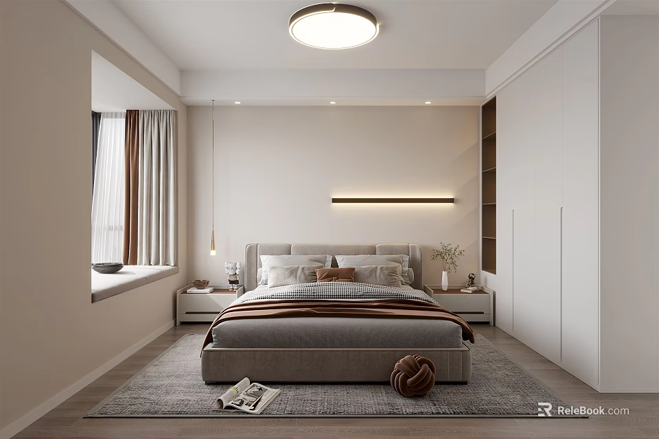 Modern Bedroom Interior With Comfortable Bed Nightstand Carpet Wardrobe And Window Curtains 3d model 