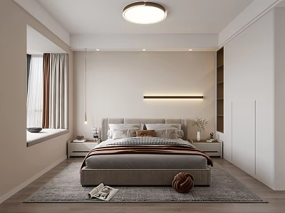 Modern Bedroom Interior With Comfortable Bed Nightstand Carpet Wardrobe And Window Curtains 3d model