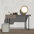 Elegant Dressing Table With Round Lighted Mirror Cosmetics Books Drawer And Padded Stool 3d model