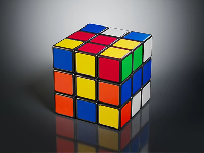 Colorful Rubik's Cube With Red Yellow Blue Green Orange White Squares On Dark Reflective Surface 3d model