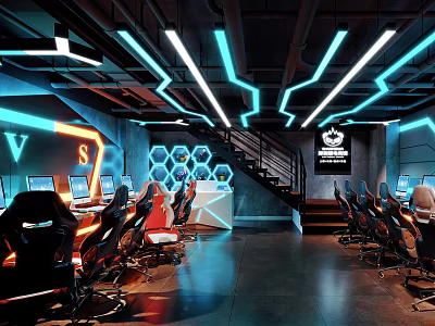 Modern Internet Cafe Interior Design With Gaming Chairs Computers And LED Lighting 3d model