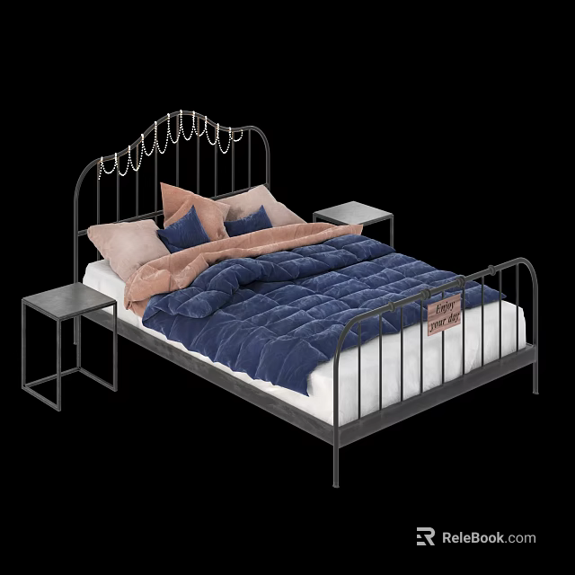 Modern Double Bed with Metal Frame Blue Comforter Pink and Blue Pillows and Sleek Nightstands 3d model 