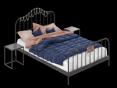 Modern Double Bed with Metal Frame Blue Comforter Pink and Blue Pillows and Sleek Nightstands 3d model
