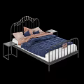 Modern Double Bed with Metal Frame Blue Comforter Pink and Blue Pillows and Sleek Nightstands