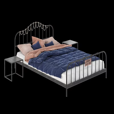 Modern Double Bed with Metal Frame Blue Comforter Pink and Blue Pillows and Sleek Nightstands 3d model