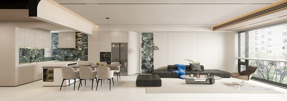 Modern Dining and Living Room Interior With Dining Table Sofa And Decorative Wall 3d model