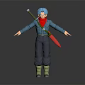 Game And Movie Character With Blue Hair Red Scarf Blue Jacket And Red Sword