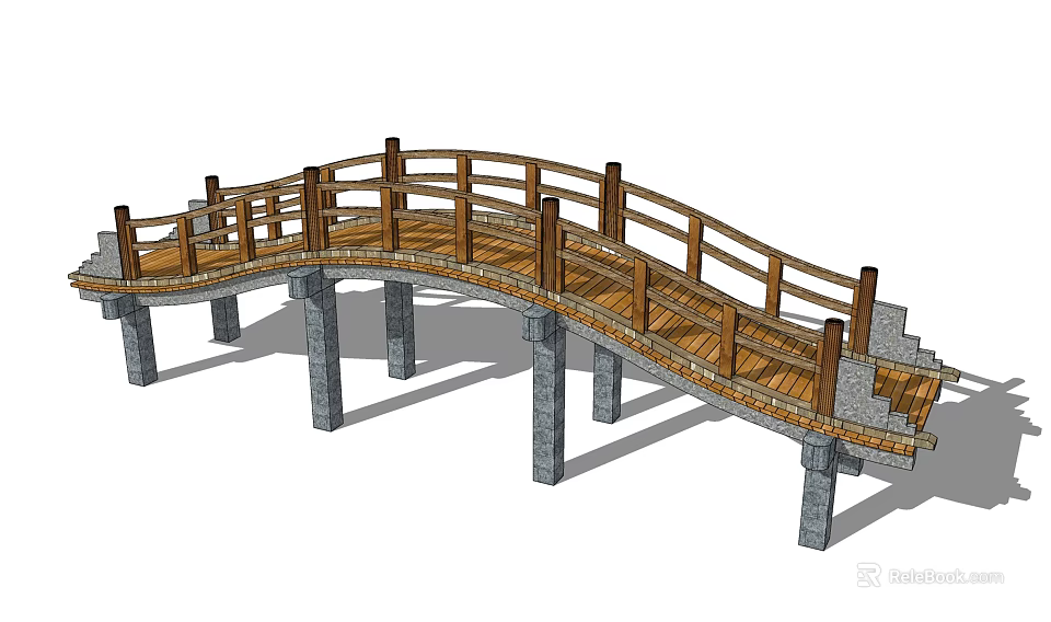 Scenic Landscape Bridge With Curved Wooden Deck And Stone Pillar Supports 3d model 