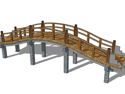 Scenic Landscape Bridge With Curved Wooden Deck And Stone Pillar Supports 3d model