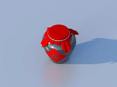 Traditional Grey Jar With Red Lid And Red Decorative Details 3d model
