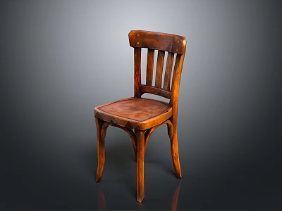 Vintage Wooden Dining Chair With Slatted Back Leather Seat And Curved Legs 3d model