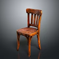 Vintage Wooden Dining Chair With Slatted Back Leather Seat And Curved Legs