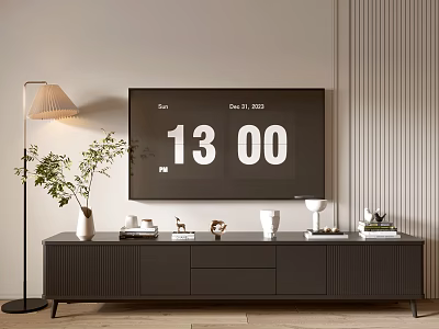 Elegant Modern TV Stand With TV On Top Decorative Items Green Plant And Floor Lamp 3d model