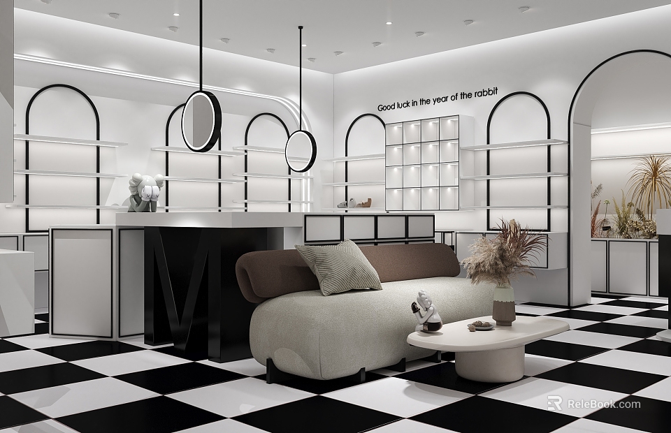 Elegant Modern Boutique Store With Arched Doorways Round Pendant Lights Sofa Display Shelves Checkered Floor 3d model 