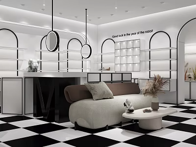Elegant Modern Boutique Store With Arched Doorways Round Pendant Lights Sofa Display Shelves Checkered Floor 3d model
