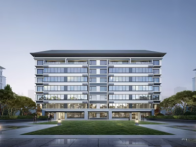 Modern Multi Storey Residential Building Exterior With Lawn And Trees 3d model