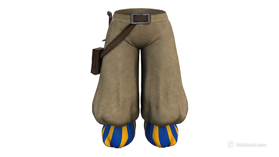 Brown Pants With Blue And Yellow Striped Cuffs Belt At Waist And Small Side Pouch 3d model 