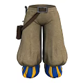 Brown Pants With Blue And Yellow Striped Cuffs Belt At Waist And Small Side Pouch