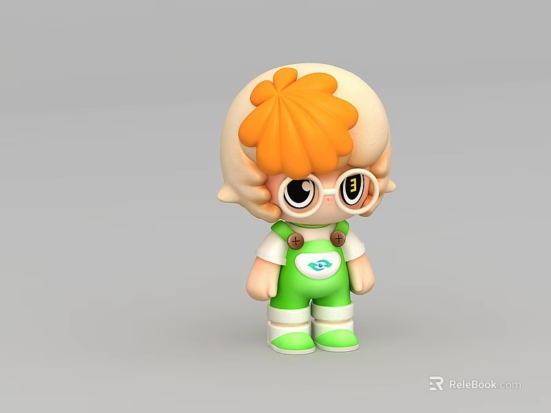Cute Cartoon Game Character With Orange Flower Hair Big Glasses Green Overalls And White Shirt 3d model 