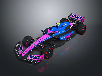 BWT Sponsored Formula Race Car With Blue And Pink Livery And Yellow Helmet 3d model