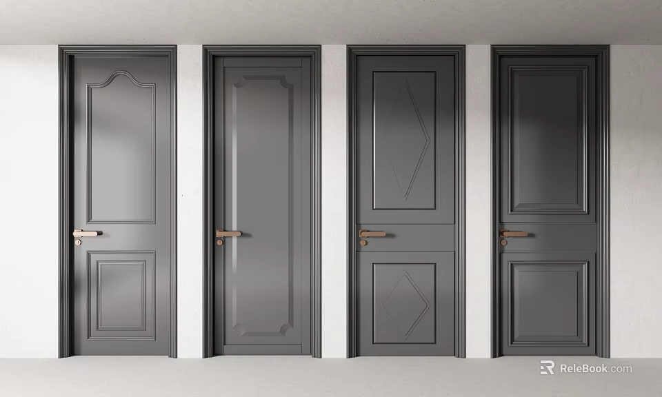 Modern Gray Swing Doors Featuring Various Panel Designs And Brass Handles In Interior Space 3d model 