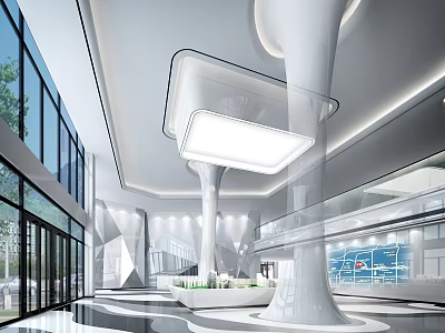 Modern Sales Office Interior With Glass Curtain Wall White Columns And Lighting Display Area 3d model