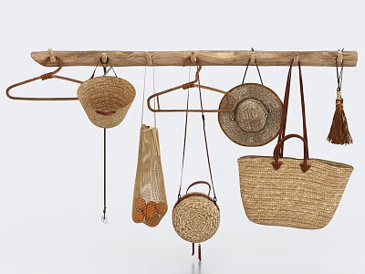 Natural Rustic Wall Decor With Wooden Rod And Woven Items 3d model