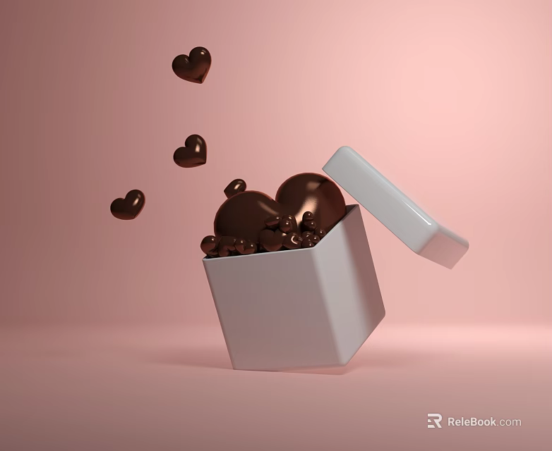 Chocolate Hearts Flying Out From Open White Box With Pink Background And Sweet Treats 3d model 