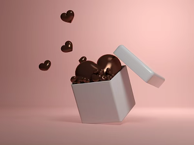 Chocolate Hearts Flying Out From Open White Box With Pink Background And Sweet Treats 3d model