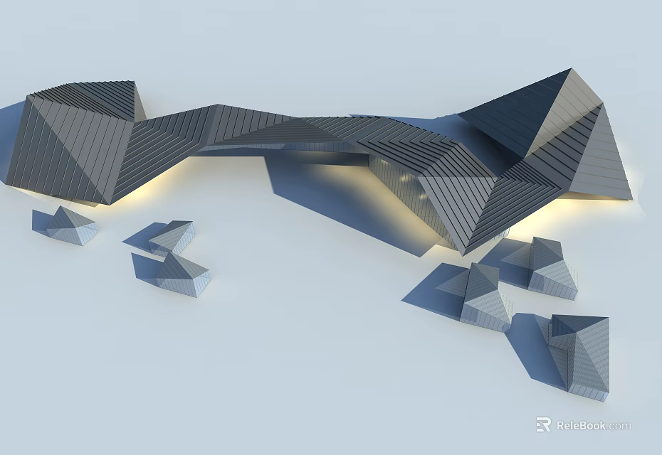 Geometric Shaped Commercial Complex With Modern Architectural Design And Illuminated Features 3d model