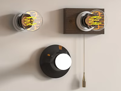 Vintage Wall Mounted Lamps With Filament Bulbs Black Circular Switch And Metal Pull Chain 3d model
