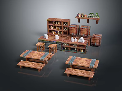 Rustic Wooden Dining Table With Benches And Shelves Holding Jars And Tableware 3d model