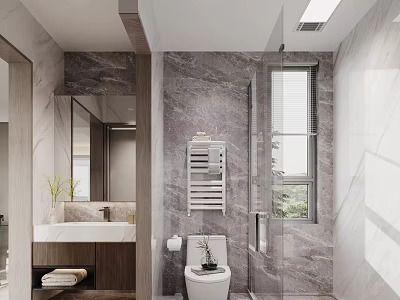Modern Light Luxury Marble Bathroom With Glass Shower Enclosure And Wooden Vanity Bright Home Design 3d model