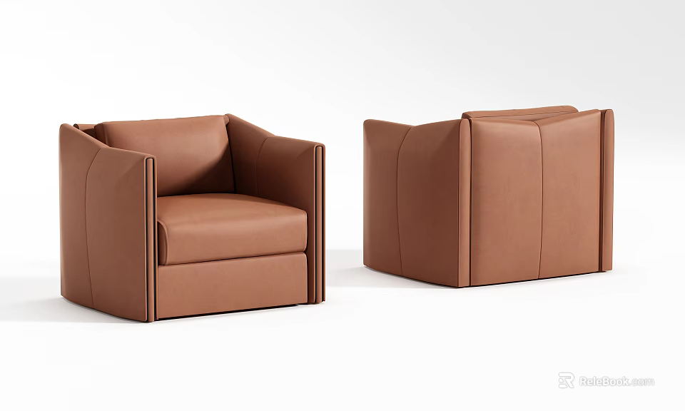 Modern Brown Leather Single Sofa With Sleek Lines And Square Arms 3d model