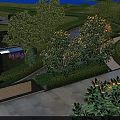 Casement Door In Garden Landscape With Green Trees Lawn Stone Path And Flower Beds