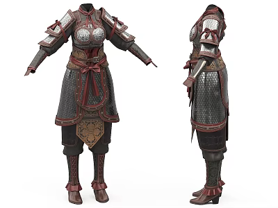 Ancient Armor Clothing With Metal Plates Leather Straps And Red Decorative Details 3d model
