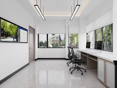 Modern Office Interior With Large Windows Desk Chairs And Computer Monitors 3d model