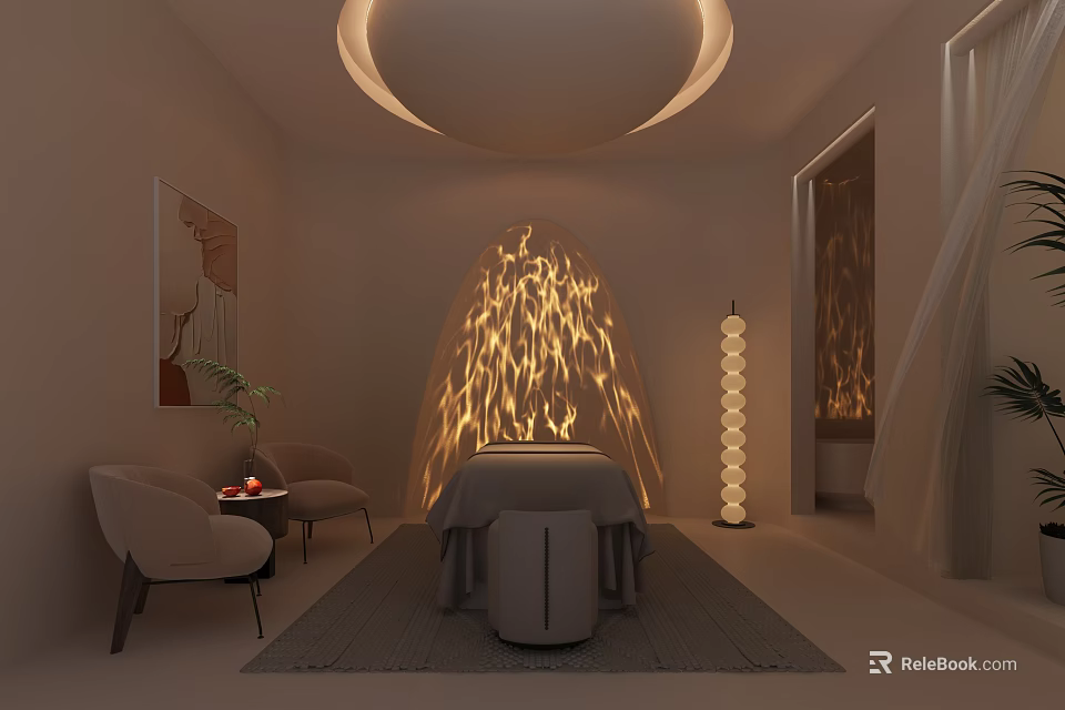 Serene SPA Sauna Room Interior With Massage Bed Arched Lighting And Comfortable Armchairs 3d model 