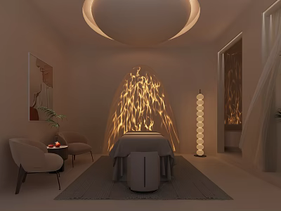 Serene SPA Sauna Room Interior With Massage Bed Arched Lighting And Comfortable Armchairs 3d model