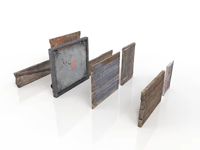 Old Wooden Planks And Metal Panels With Metal Frames And Red Logo 3d model