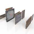 Old Wooden Planks And Metal Panels With Metal Frames And Red Logo